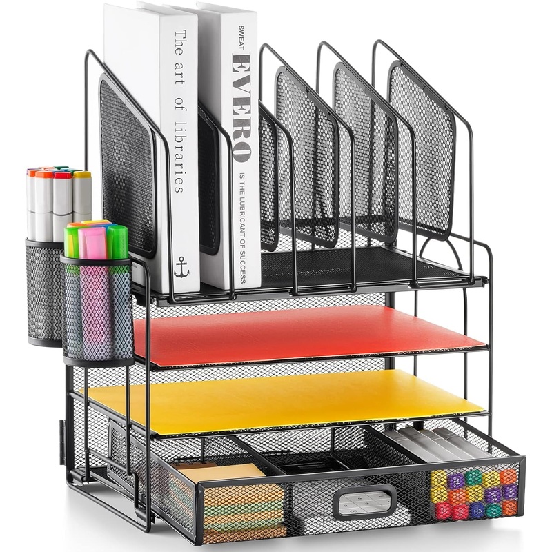 Marbrasse Desk Organizer with Drawer, 4-Tier Mesh File Organizer with 5 Vertical File Holders and 2 Pen Holders, Multifunction Desktop Organizer,Desk Organizers and Accessories for Home Office