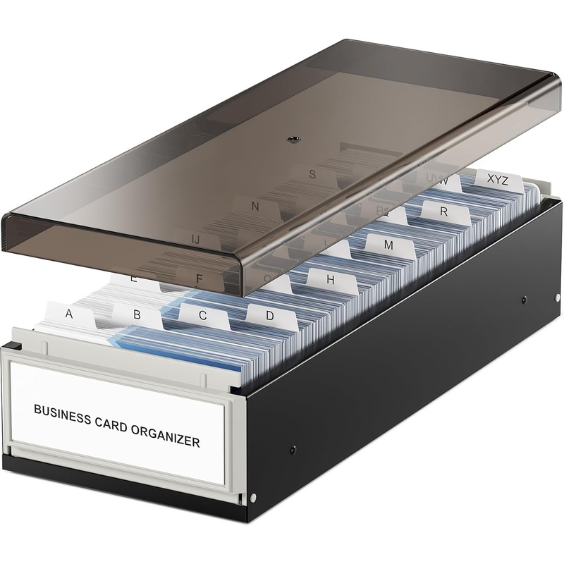 Maxgear Business Card Holder for Desk, Large Plastic Business Card Organizer Box, Credit Cards Holder File Box Storage, Capacity: 800 Cards (3.5 X 2.2), A-Z Tabs, Metal Structure, Black
