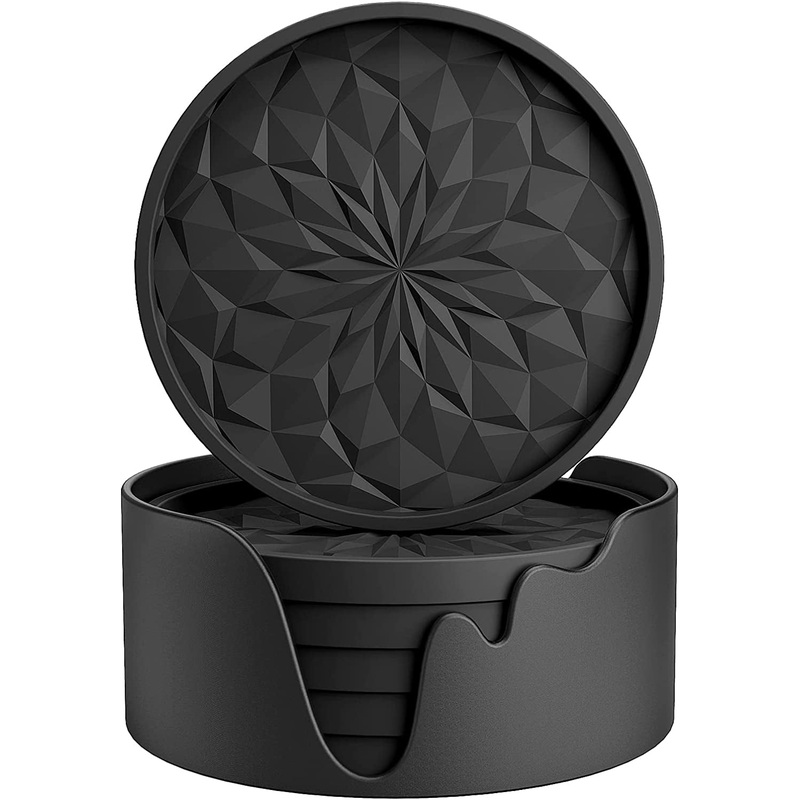 ME.FAN Silicone Coasters with Holder,[6 Pack] Drinking Coasters - Cup Mat for Hot or Cold Drinks, Thickened, Non-Slip, Non-Stick,Deep Tray Black