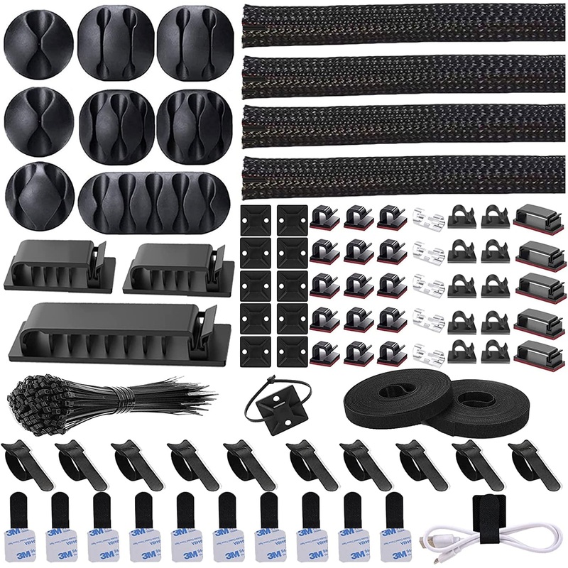 N NOROCME 192 PCS Cable Management Kit 4 Wire Organizer Sleeve,11 Cable Holder,35Cord Clips 10+2 Roll Cable Organizer Straps and 100 Fastening Cable Ties for Computer TV under Desk, Black,Clear