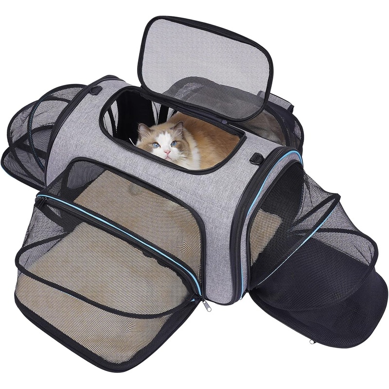 Siivton 4 Sides Expandable Pet Carrier, Airline Approved Soft-Sided Dog Cat Carrier Bag with Fleece Pad for Cats, Puppy and Small Animals (4 Extension Gray_Blue, L:18.0" L X 11.0" W X 11.0" H)