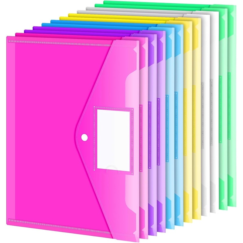 Sooez 12 Pack Folders Plastic Envelopes, Clear Plastic File Folder for Document, Letter A4 Size Poly File Envelopes with Label Pocket, Snap Button for Home Work Office Organizer, 5 Colors
