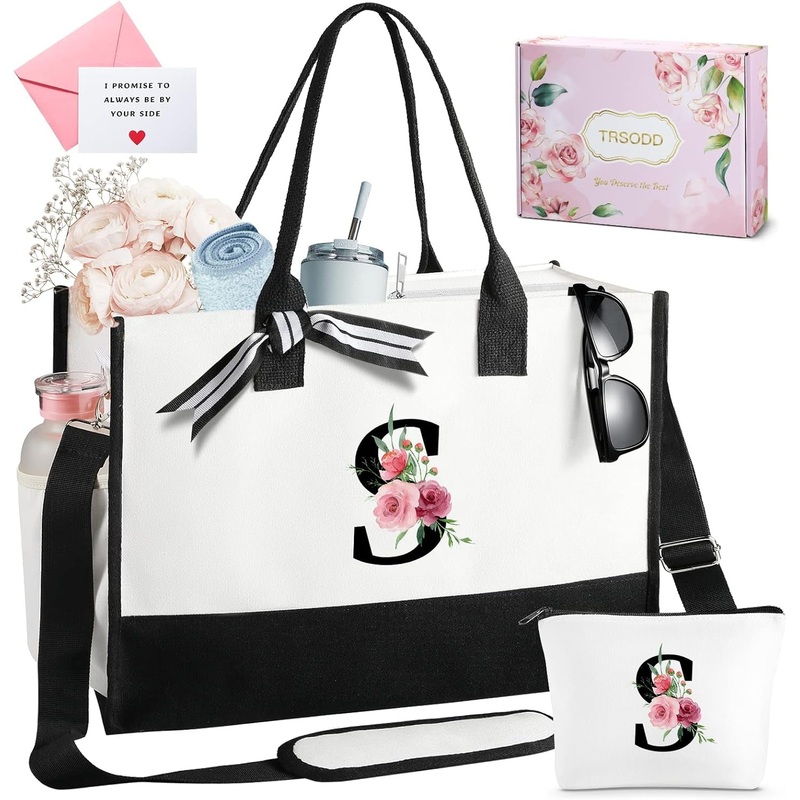 TRSODD Birthday Gifts for Women Mothers Day Gifts for Mom Wife Grandma Daughter Sister Teacher Initial Tote Bag and Makeup Bag