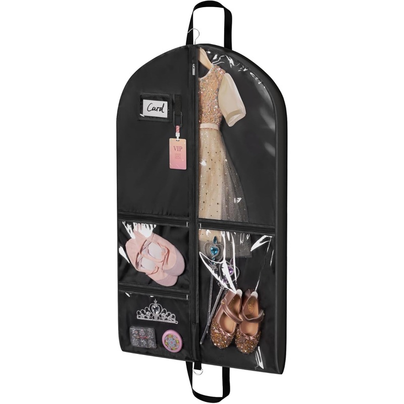 Univivi Dance Costume Garment Bag, 40" Waterproof Hanging Bag for Travel, Kids Clothes Bag with 5 Clear Pockets and Handles for Costumes and Sports, Black