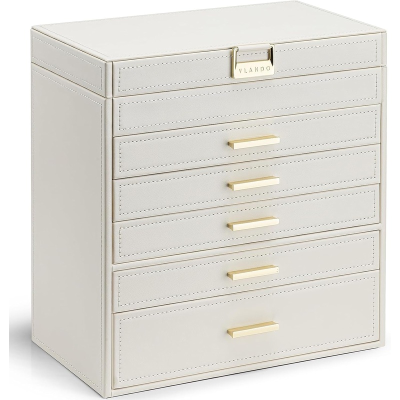 Vlando 6 Layer Large Jewelry Box - Jewelry Holder Organizer, Jewelry Box Organizer for Drawer Necklace Ring Bracelet and Watch, Birthday Gift for Loved Ones - Beige