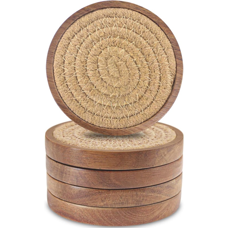 Wood Coasters for Drinks, Eykao Absorbent Coaster Sets of 5, Woven Drink Coasters for Coffee Table, Housewarming Gift for Farmhouse Home Decor,4 Inches