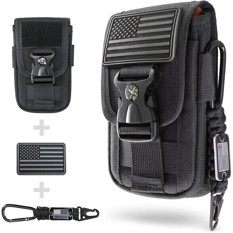 WYNEX Tactical Molle Phone Pouch with Compass Buckle, Tactical Phone Holster Molle Cell Phone Pouch Universal Belt Waist Bag for IP 15/14/13 Pro Max / S22/S21 with US Patch & Paracord Keyring Clip