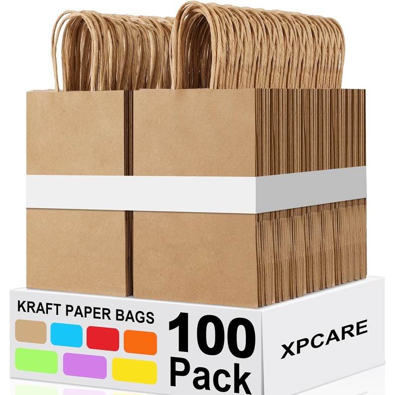 XPCARE 100Pcs Paper Gift Bags 5.25X3.25X8.25'', Small Paper Bag with Handles Bulk Shopping,Kraft,Retail,Party Bags for Small Business (Brown)