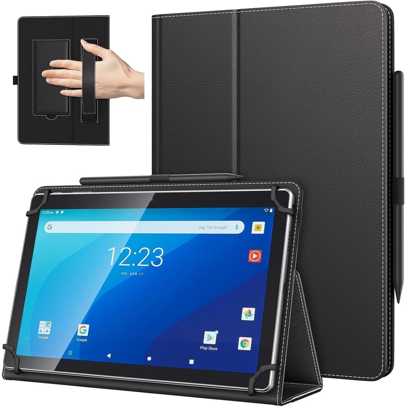 10.1 inch Android Tablet Case with Pen Loop, Hand Strap, Folding Stand & Silicone Clasps, Universal