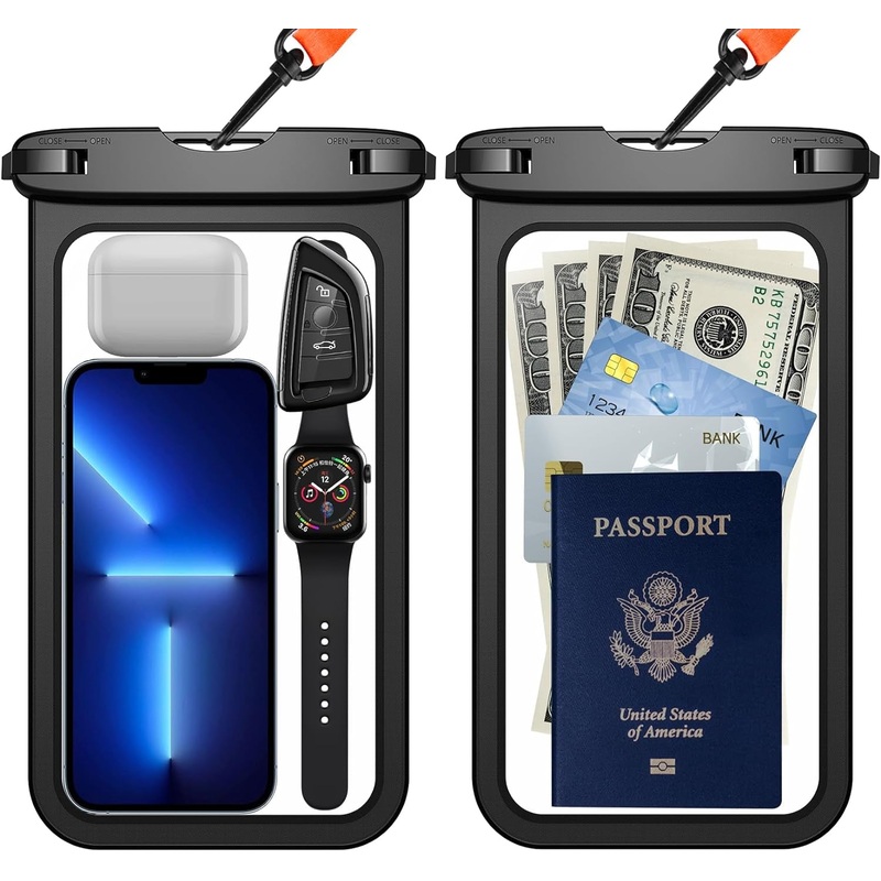 10" Universal IPX8 Waterproof Phone Pouch with Lanyard for iPhone and Galaxy, 2 Pcs Black