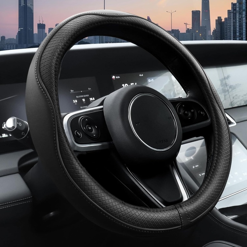 14.5-15 inch Leather Car Steering Wheel Cover with Anti-Slip Lining, Universal, Black
