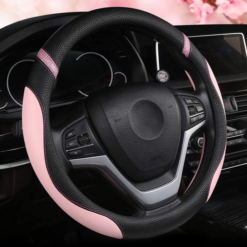 14.5-15 inch Leather Steering Wheel Cover for Women, Universal, Pink
