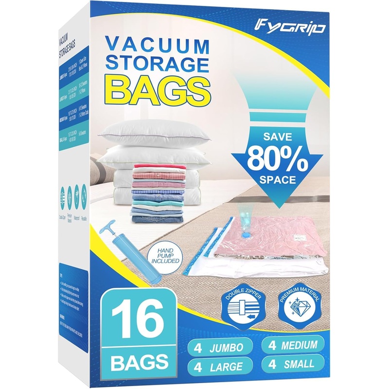 16 Pack Vacuum Storage Bags with Hand Pump for Seasonal Storage & Travel