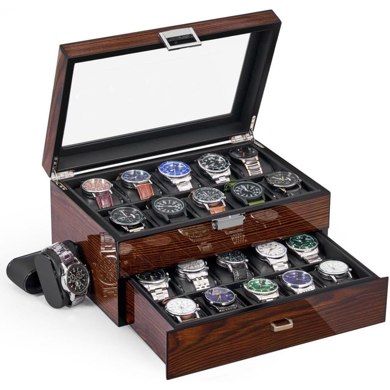 2-layer Faux Leather Watch Box with 20 Slots & Glass Top, Brown