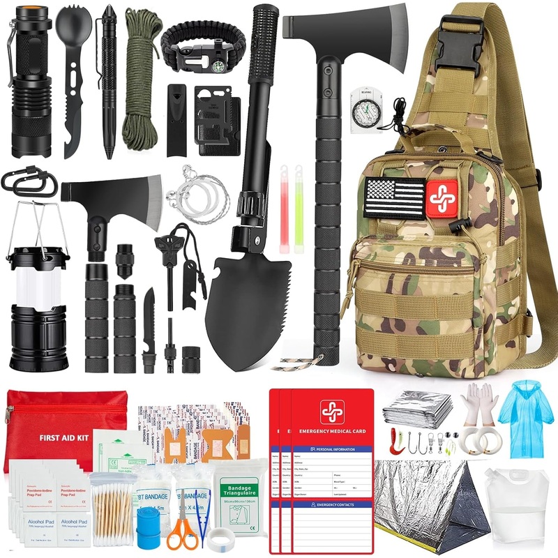 262Pcs Survival Kit Professional First Aid Kit with Tent, Axe Hammer, Medical Supplies