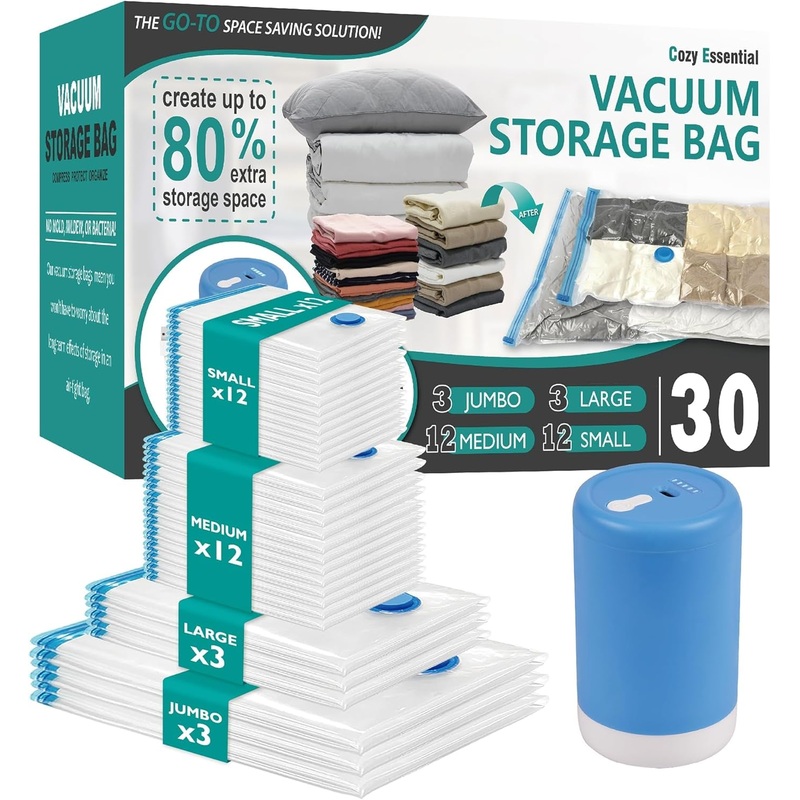 30 Pack 4 Sizes Vacuum Storage Bags with Electric Air Pump for Clothes, Bedding & Seasonal Storage