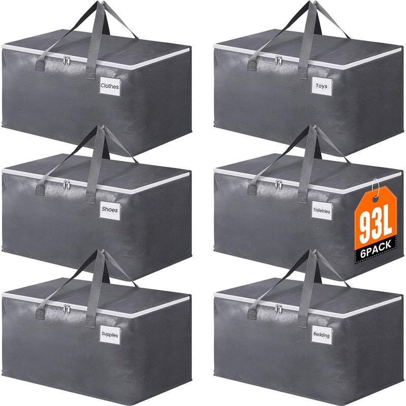 93L Heavy Duty Moving Bags with Dual Zippers, Reinforced Handles & Tag Pockets, 6 Pack