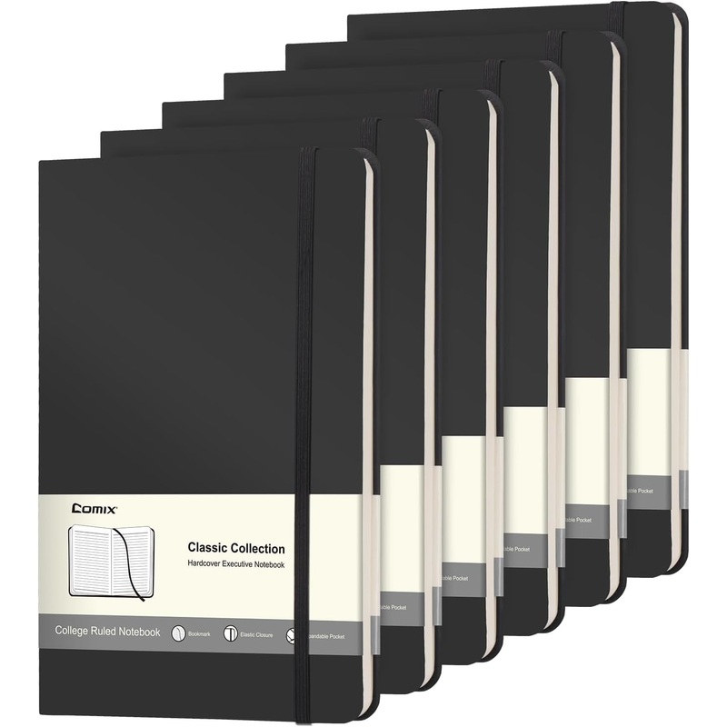 A5 Hardcover Work Notebooks Set with Pocket & Bookmark, 240 Pages, 5.5x8.3 Inch, 6 Pack, Black