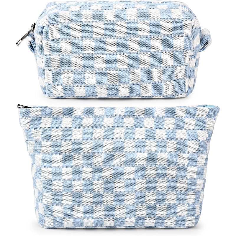 Checkered Makeup Bag for Women, Canvas Travel Toiletry Bag, 2-Pack Blue