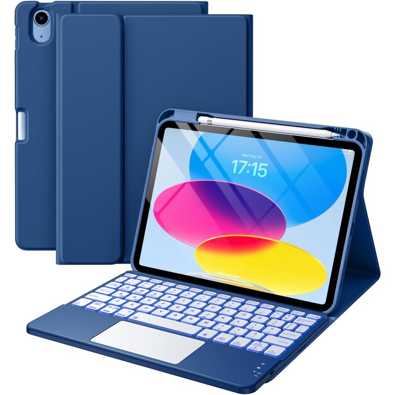 Compatible for Ipad 11Th 10Th Generation Case with Keyboard, Folio Cover with Pencil Holder, Multi-Touch Trackpad, 7 Color Backlit, Detachable Keyboard for Ipad (A16) 11Th/10Th Gen (Navy Blue)
