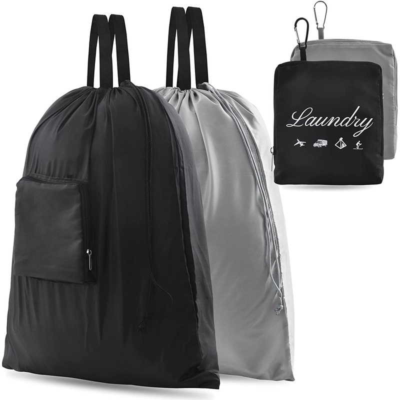 Drawstring Laundry Bags with Outer Zipper Pocket & Handles, Dirty Clothes Organizer, 2-Pack