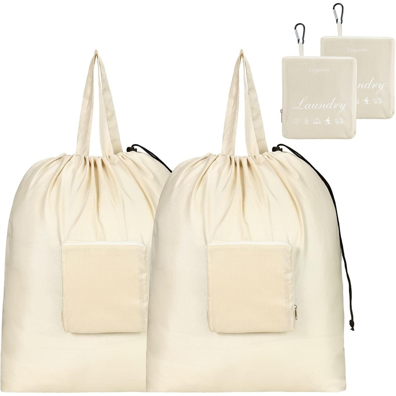 Drawstring Laundry Bags with Zipper Front Pouch & Handle, 2 Pack Beige