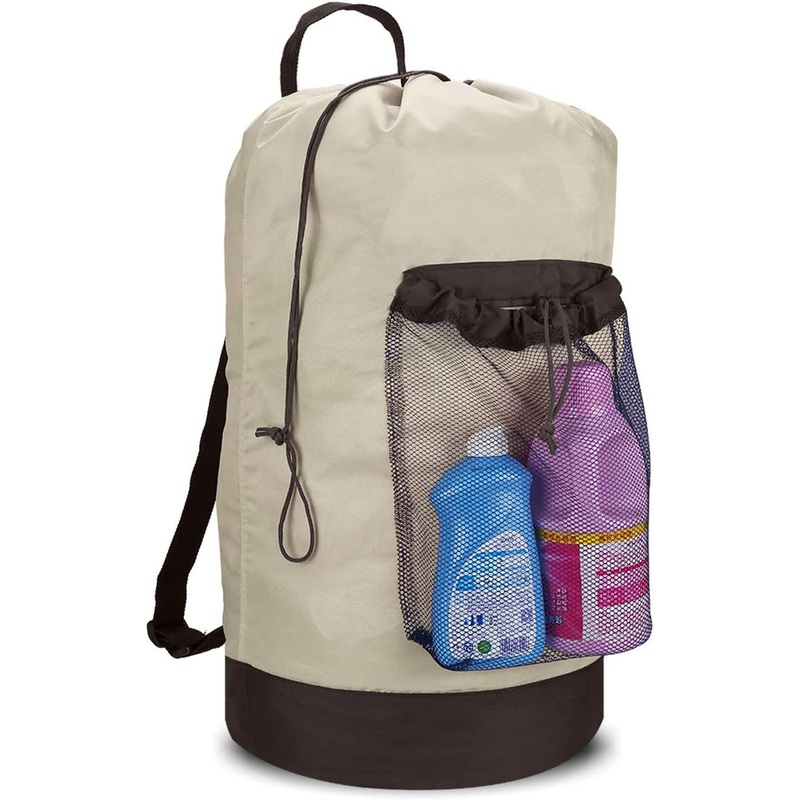Drawstring Nylon Laundry Backpack with Adjustable Straps and Front Mesh Pocket