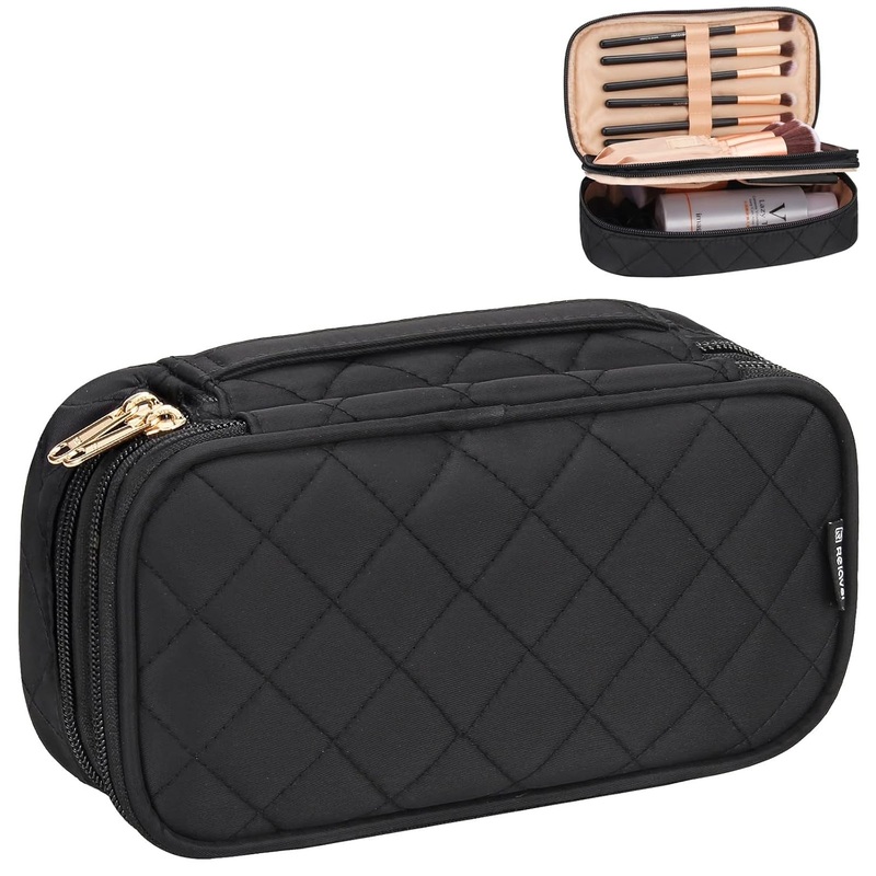Dual Layers Waterproof Travel Makeup Bag with Makeup Brush Holder, Black