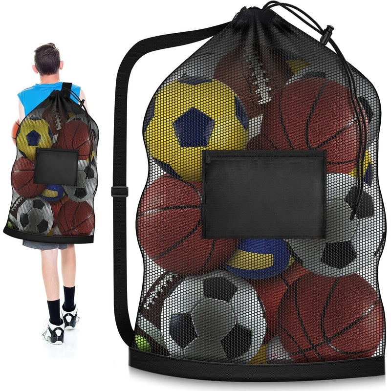 Heavy Duty Drawstring Mesh Ball Bag with Adjustable Strap for Sports Ball Storage, Gym Equipment