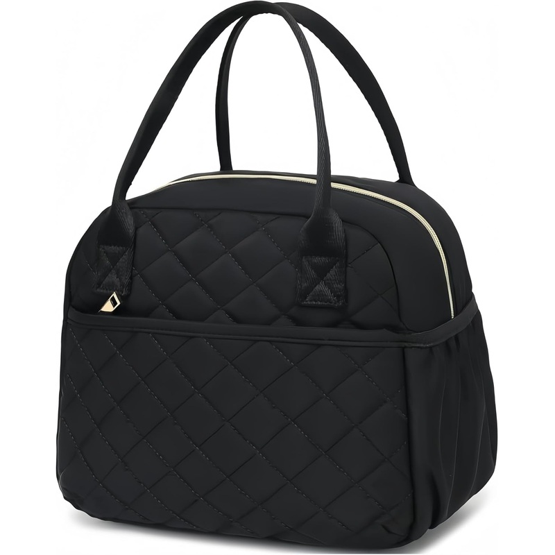 Insulated Lunch Bag for Women, Leakproof Quilted Cooler Lunch Tote Bag, Black