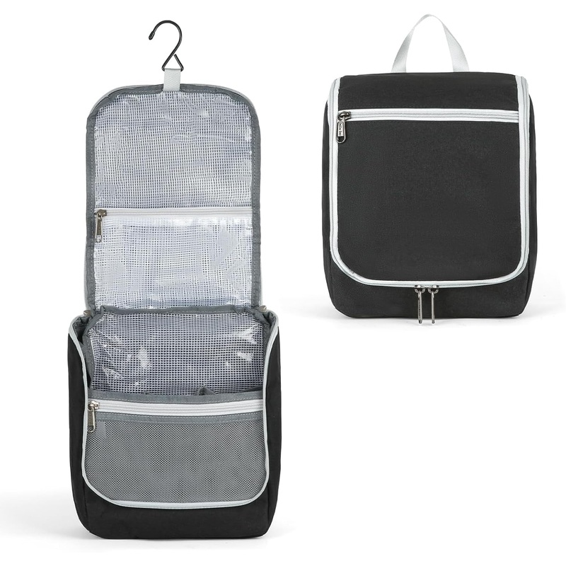 Large Capacity Travel Toiletry Bag with 7 Compartments & Hanging Hook, Black