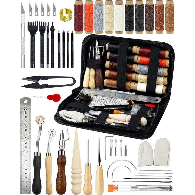 Leather Working Tools Kit for Beginners with Waxed Thread Groover Awl Stitching Punch