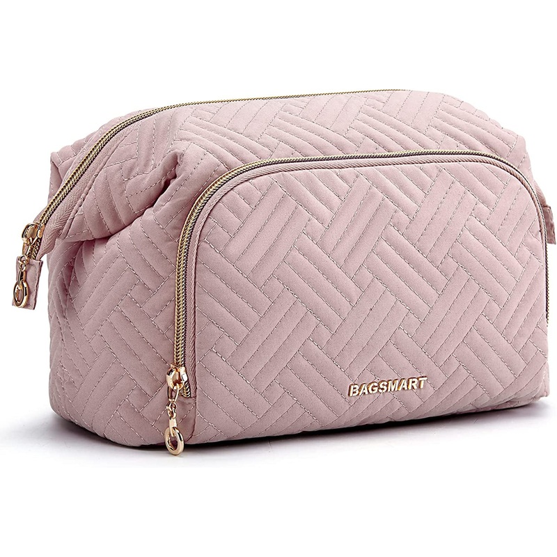 Makeup Bag with Pvc Brush Holder for Women, Wide Open Travel Toiletry Bag, Pink, Large