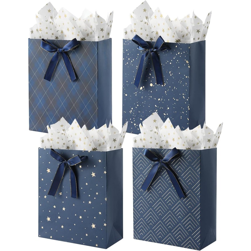 Premium Gift Bags with Tissue Paper and bow (4 Pack Medium Blue)