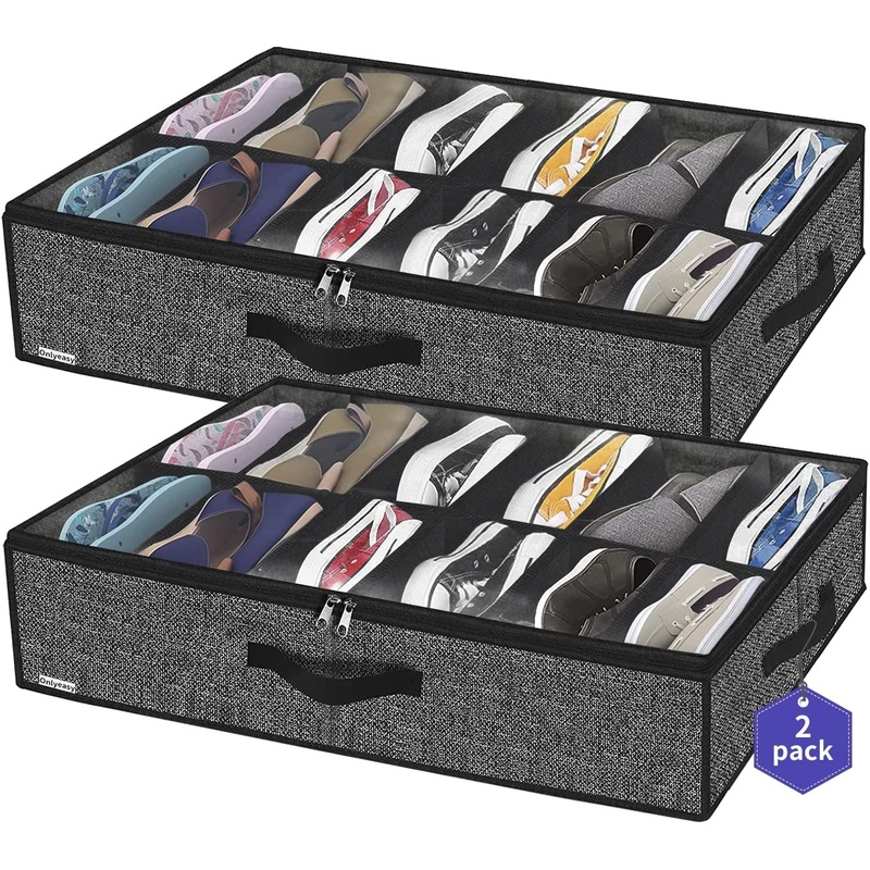 Set Of 2 Under-Bed Shoe Organizers With Clear Windows, Fit 12 to 24 Pairs Linen-like Black
