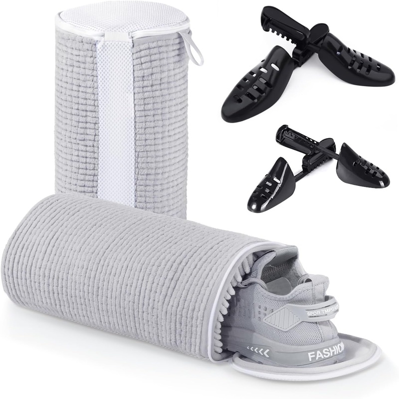 Shoe Laundry Bags with Zipper & 2 Pairs Adjustable Shoe Trees for Washer & Dryer, Gray