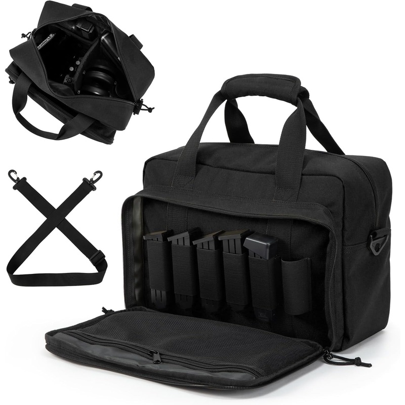 Small Range Bag for 2 Pistols with Lockable Zippers & Magazine Compartment