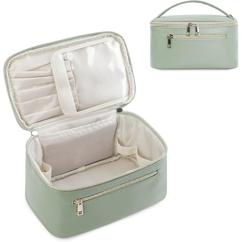 Travel Makeup Bag, Vegan Leather Toiletries Organizer for Women, Sage Green