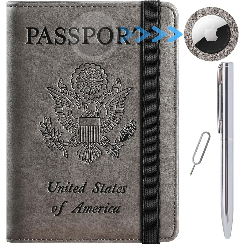 Travel Passport Wallet with AirTag Slot, Metal Pen & SIM Tool, Unisex, Grey