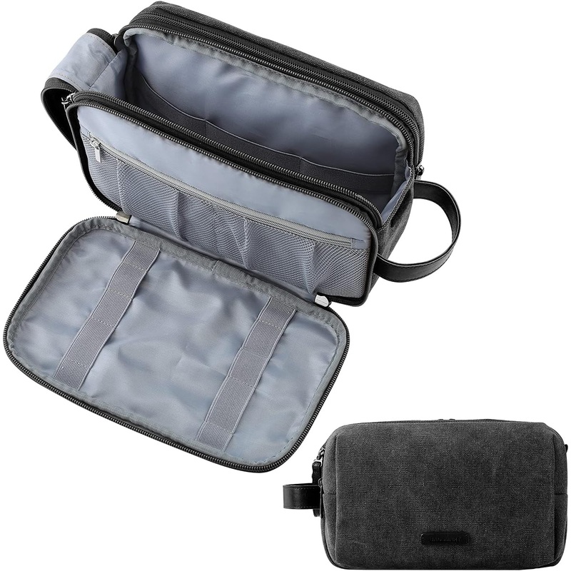 Travel Toiletry Bag for Men, Canvas Waterproof Shaving Bag, Black-Medium