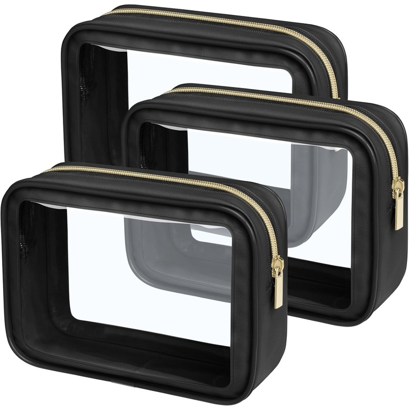 TSA Approved Toiletry Bag, Clear Travel Makeup Bag, Quart Sized, 3 Pack, Black