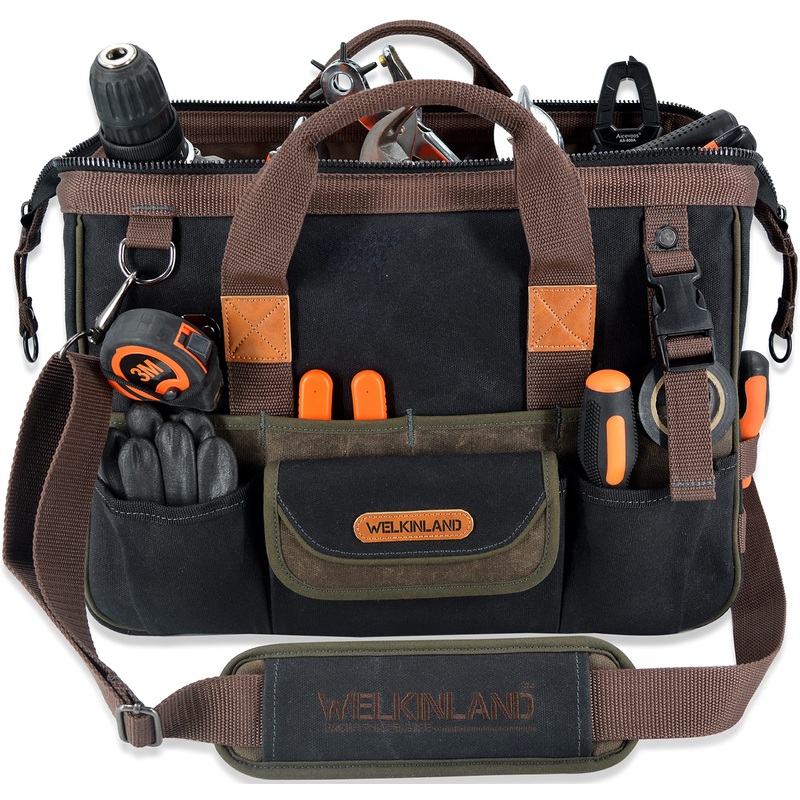 WELKINLAND Heavy-Duty Waxed Canvas tool bag, 32-Pockets, 16"
