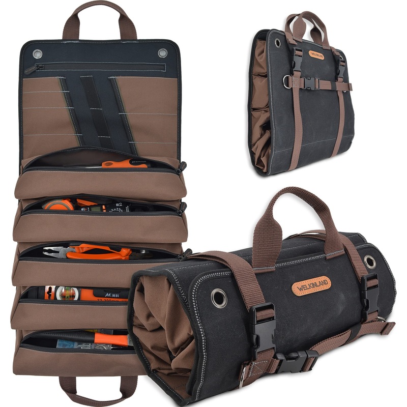 WELKINLAND Heavy-Duty Waxed Canvas Tool roll bags, 15-Pockets, 15L