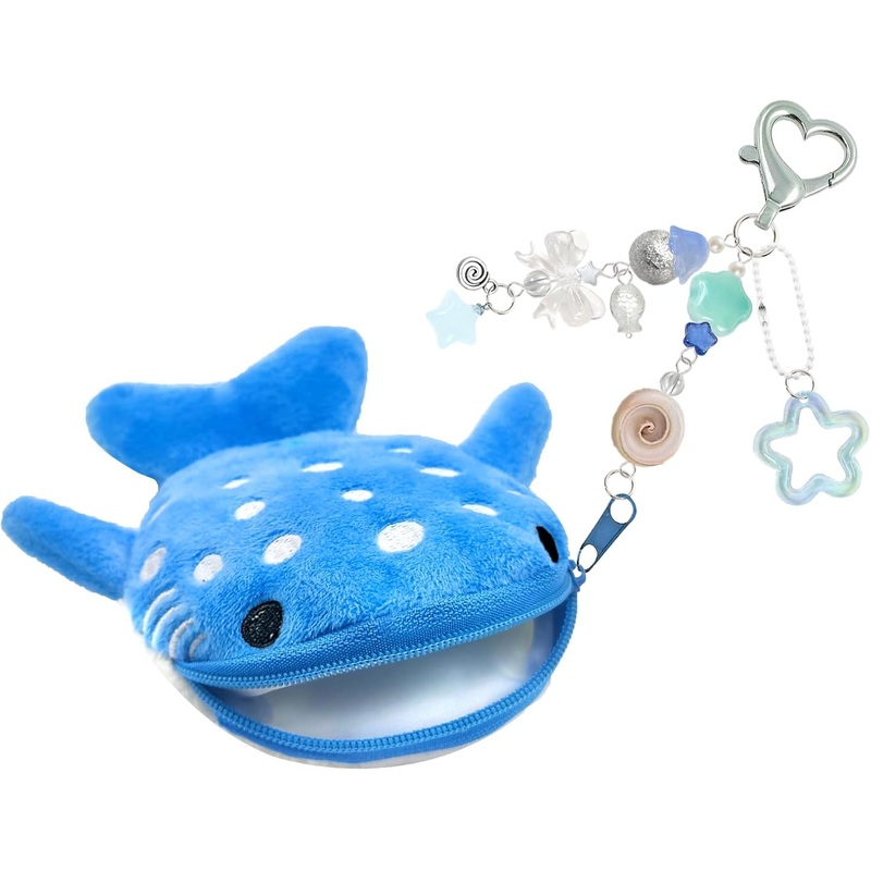 Whale Shark Plush Coin Purse and Beaded Keychain Set with Zipper, Cute Handmade Coin Pouches