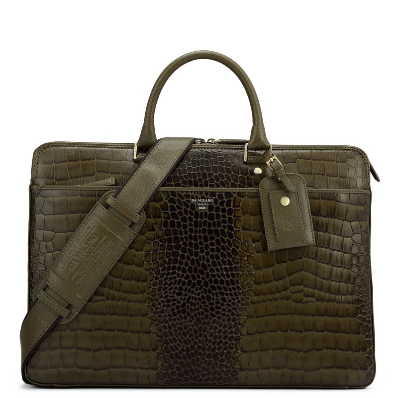 Croco Franzy Leather Laptop Bag - Military Green