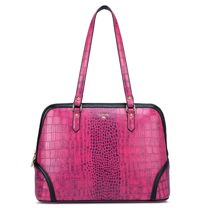 Medium Croco Leather Shoulder Bag - Magenta