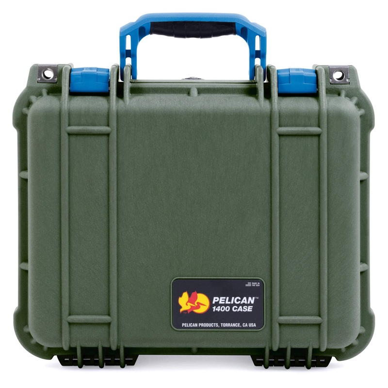 Pelican 1400 Case, OD Green with Blue Handle & Latches