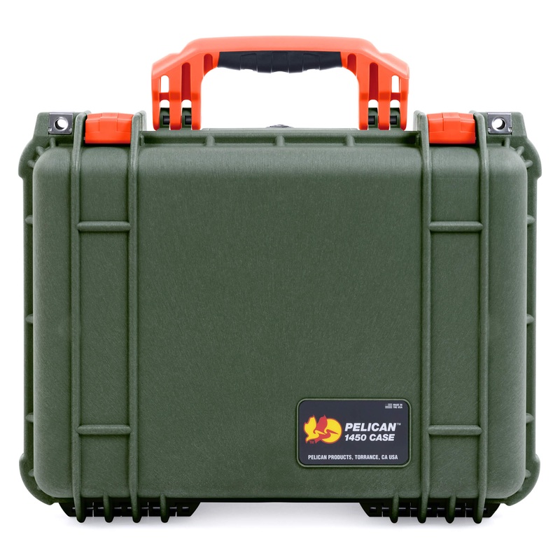 Pelican 1450 Case, OD Green with Orange Handle & Latches