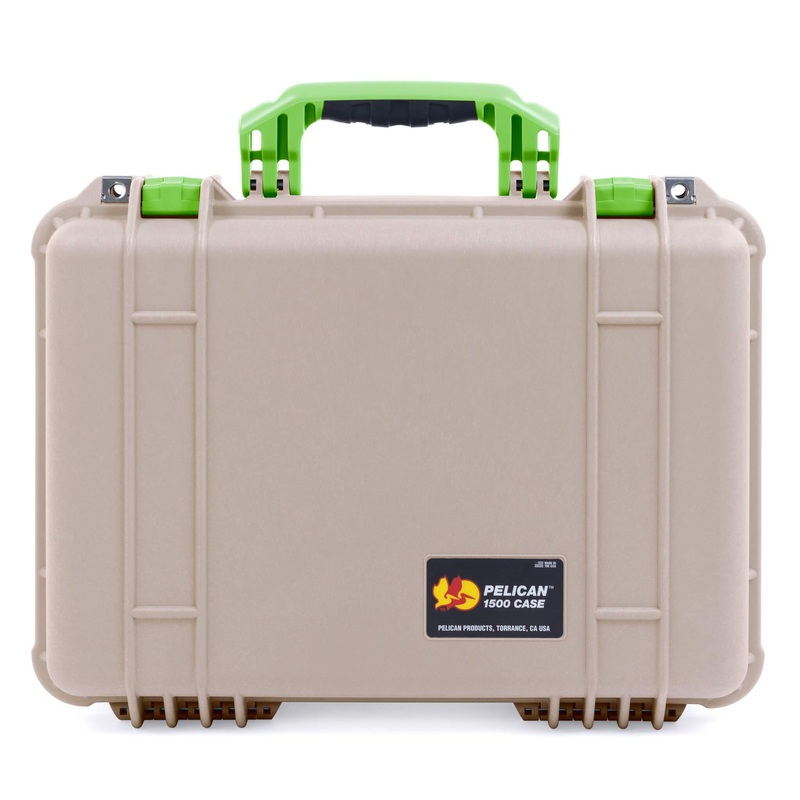 Pelican 1500 Case, Desert Tan with Lime Green Handle & Latches