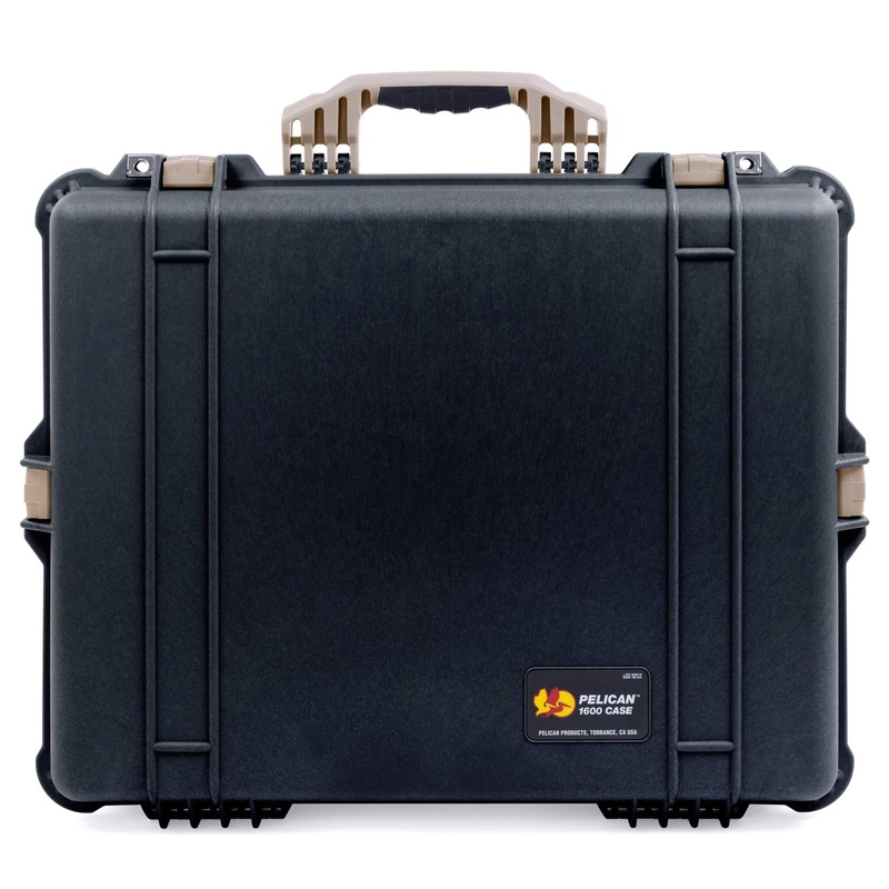 Pelican 1600 Case, Black with Desert Tan Handle & Latches